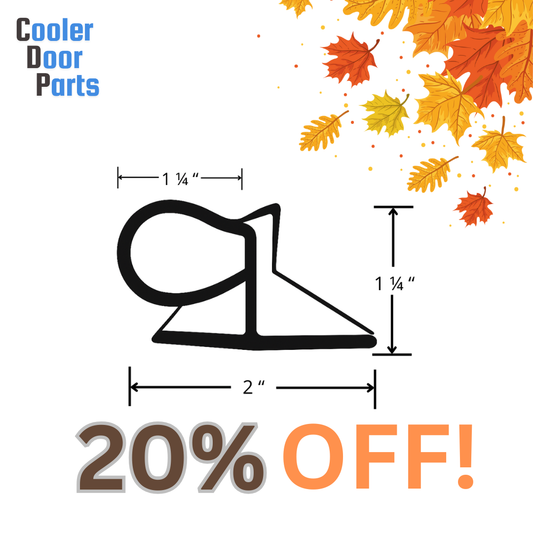 Jamison walk-in cooler door side frame gasket in black, shown with detailed measurements including 1¼-inch bulb width and 2-inch base width, replacement gasket for commercial walk-in cooler and freezer doors