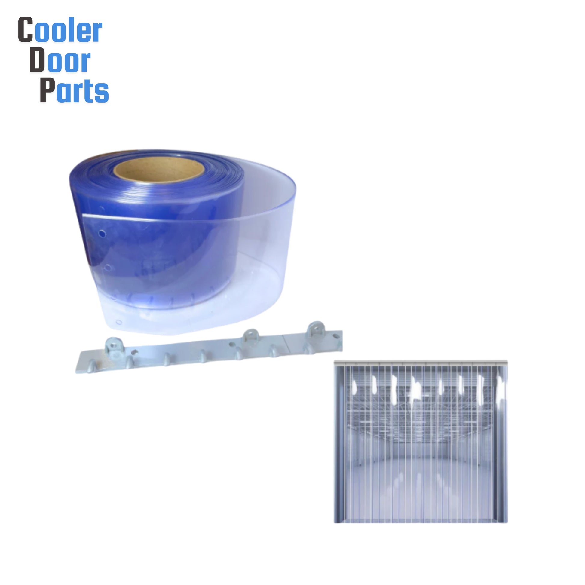 Clear PVC strip curtains for cooler and freezer doors with mounting hardware